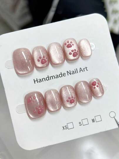 10 件可爱猫爪粉色猫眼短假指甲，甜美女孩美甲装饰，手工制作且可重复使用按压式指甲美甲用品