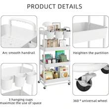 4-Tier Plastic Rolling Storage Cart Utility Cart With Extra Hanging Cups Handles Lockable Wheels For Living Room Bathroom Kitchen Office White