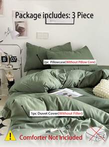 3pcs Green Soft & Comfortable Bedding Set (1 Duvet Cover + 2 Pillowcases), Suitable For Bedroom And Guest Room