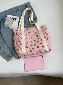时尚灯芯绒草莓图案大容量粉色购物手提袋
