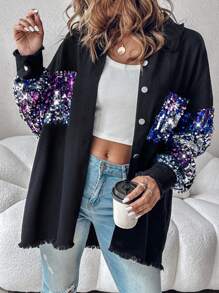 ChicMe Chaqueta de manga larga con bloqueo de color, parches de lentejuelas, cierre con botones y dobladillo con flecos - Azul - Ver 7