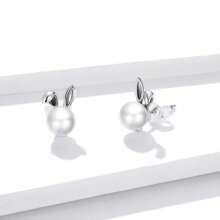 bamoer 1 PC 925 Sterling Silver Cute Bunny Earrings For Women Wedding Engagement Ear Shell Pearl Hypoallergenic