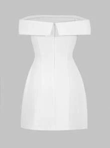 Women's Clothing Temperament Elegant Style Waist Cinched One Shoulder Solid Color Knitted Mini Dress Wedding Banquet Women's Sexy White Evening Dress Chic Wedding White Dresses - White - View 4