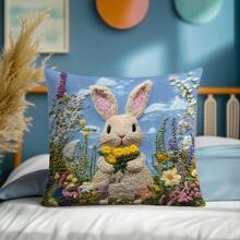[2D Printed] 1pc 17.7"X17.7"(45x45cm) [Non-Embroidered] 2D Printed Floral & Rabbit Embroidery-Look Pattern Cushion Cover, [Single-Sided Printed] [Pillow Insert Not Included] Polyester Home Decor Backrest Pillow Cover, Sofa, Windowsill, Suitable For Daily Use, High-End Minimalist Self-Use Decoration, Living Room, Bedroom, Car Decoration