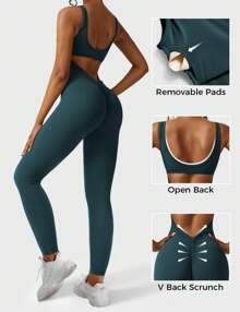 VOYJOY Women Backless Scrunch Butt Jumpsuits One Piece U-Neck Bodycon Leggings Yoga Rompers V-Back Playsuit - Xanh lam Xanh lục - Xem 4