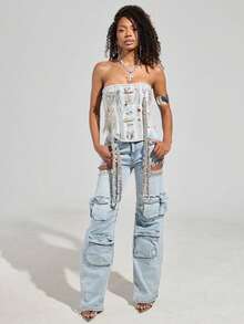 Jeans rectos de cintura alta sin estiramiento de mujer de color azul claro con una franja de cristales cosida a mano, con lavado, para festivales de música, Y2K