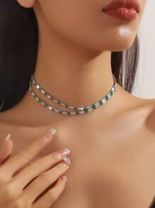 1 chiếc vòng cổ choker pha lê Zirconia trắng và xanh lá cây hai lớp họa tiết hoa dành cho nữ, phụ kiện trang phục trang trọng đa năng - Xem 1