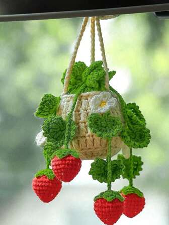 1pc Handmade Crocheted Succulent Hanging Ornament, Creative Car Rearview Mirror Green Plant Decor