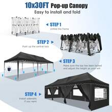 CAROMA 10x30ft Popup Canopy Event Tent With 8 Sidewalls UPF 50+ Windproof Waterproof Wedding Tents For Parties Canopy Gazebo With Roller Bag & 4 Weights Bags - màu đen - Xem 6