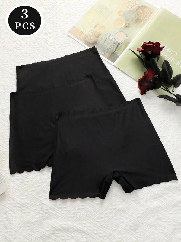 3 pièces Culottes taille moyenne style européen et américain pour femmes, culottes à taille basse avec bord ondulé soulevant les fesses, shorts de sécurité anti-frottement, sous-vêtement de base