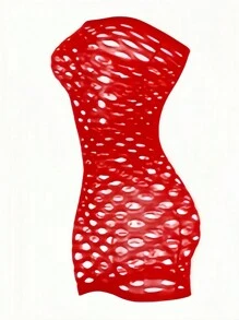 2 件套性感内衣，加大码性感睡衣裙，女士镂空露肩高弹力渔网筒裙 - 黑色+紅色 - 查看 4