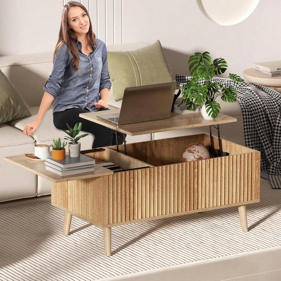 Lift Top Coffee Tables With Hidden Side Storage Box, Fluted Furniture Wood Coffee Table For Small Spaces, Modern Farmhouse Coffee Table Dr Living Room With Wooden Leg - Multicolor - View 1