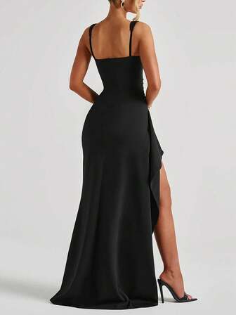 Black High Slit Bodycon Dress, Sexy Women's Wedding, Birthday, Club, Christmas Party, Evening Gown, Fashion Bridal