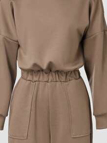 Off Shoulder V-Back Jumpsuit Stretchy Waist Pocket Design Casual Jumpsuit - Coffee Brown - View 7