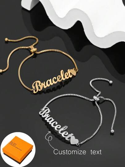 1pc Customized Name Stainless Steel Hollow Font Bracelet, Personalized Chain Jewelry, Minimalist Daily Style, Keychain, Includes Gift Box, Suitable For Valentine's Day, Birthday, Mother's Day, Everyday Gift