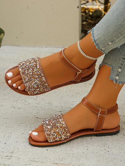 欧美时尚女士水钻装饰带平底凉鞋，铁锈棕色，休闲装，轻便舒适，配有弹性脚踝带