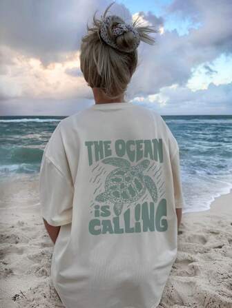 Women's Summer Vacation Marine Life And Letter Printed Pattern Round Neck T-Shirt.Graphic Tees Women White Top Black Top Pink Top