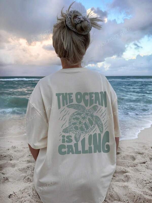 Women's Summer Vacation Marine Life And Letter Printed Pattern Round Neck T-Shirt.Graphic Tees Women White Top Black Top Pink Top