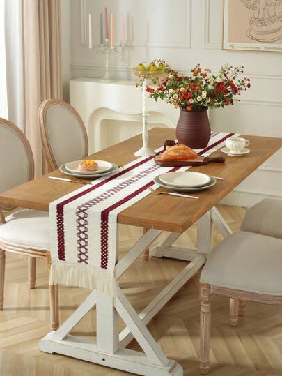 1 件波西米亚风格勃艮第流苏桌旗，适合家居装饰、节日桌面装饰