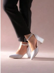 Zapatillas de tacon bajito con pulsera en el tobillo - Plateado - Ver 2