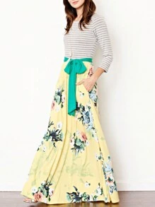 Multi Chevron Stripe Yellow, Navy And Mint Short Sleeve Maxi Long Dress With Pocket | S-3X - Bright Yellow - View 2
