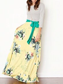 Multi Chevron Stripe Yellow, Navy And Mint Short Sleeve Maxi Long Dress With Pocket | S-3X - Bright Yellow - View 1