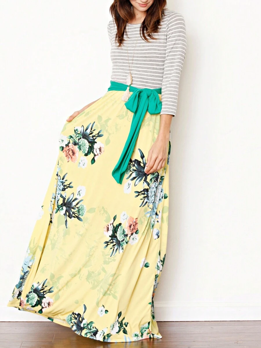 Multi Chevron Stripe Yellow, Navy And Mint Short Sleeve Maxi Long Dress With Pocket | S-3X - Bright Yellow - View 1