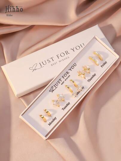 10pcs Exquisite Shiny Cubic Zirconia Inlaid Golden Earrings, Various Floral Hoop Designs, Elegant French Style Earring Set, Girlfriend Gift (Gift Box Included)