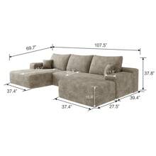 LUCKHAO 107"Cloud Sectional Sofa With 1 Ottoman,Modern Minimalist Upholstered Couches,Comfort U Shaped Sofa For Living Room,Deep Seat Corner Couch,No Assembly Required (Plush Corduroy Fabric) - 右向躺椅+2人座(駝色) - 查看 2