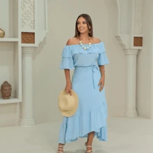 Women's Set Wrap Skirt And Cropped Top With  Sleeves, Wrap Skirt With Tie And Off-The-Shoulder Blouse, Long Skirt And Cropped Top Set. Two-Piece Set Long Skirt With  Sleeve Top - 淡藍色裹身裙套裝 - 查看 6