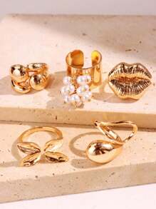 Set de 5 anillos de lujo únicos y elegantes con geometría exquisita, perlas falsas y mariposas y flores para los labios, adecuado para festivales, fiestas y uso diario