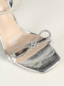 Women's Square Toe Crystal Butterfly Decor Ankle Strap Metallic High Heel Sandals, Sexy Fashion Party Sparkling Silver High Heels