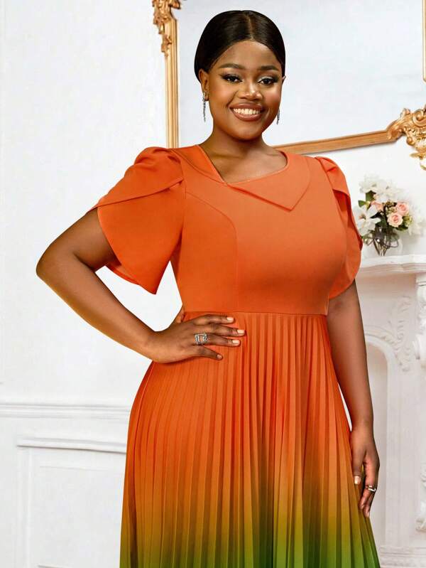 Modest Easter Dresses Long Orange Green Gradient Pleated A Line Short Slit Sleeve Skew Collar Elegant Occasion Spring Outfits For Women
