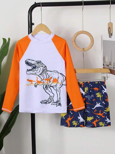 全新儿童卡通恐龙印花长袖两件套男童泳衣