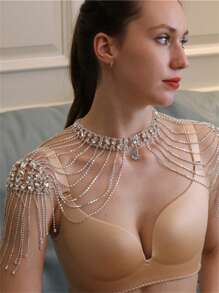 Fashionable Luxury Wedding Rhinestone Shoulder Chain, Multilayer Tassel Body Chain For Bridal Dress - Silver - View 1