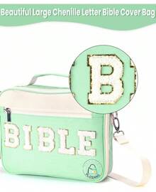 Bible Cover Women, Large Chenille Letter Bible Bag With Shoulder Strap,Blue Bible Carrying Tote Bags Bible Study Accessories, Women Lady Teen Grils (Blue) - Green - View 3