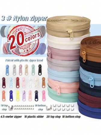 1 Set (177.17 pulgadas de Cremallera + 10 Tiradores de Cremallera + 20 Topes Superiores + 10 Topes Inferiores), Disponible en 20 Colores, Cremallera de Nailon de Color 3# con Tiradores de Plástico a Juego, Adecuada para Prendas de Vestir, Bolsos, Textiles del Hogar y talla grande
