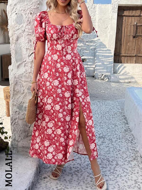Vestido midi com estampa floral estilo férias de verão, decote quadrado, frente única, costas abertas, cintura franzida