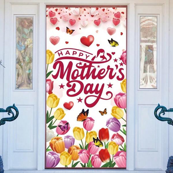 2D hangende deurbanner, Happy Mother's Day deurbanner, 1 stuk polyester bloemendecoratie, roze en rood rozenontwerp, 35,4 x 70,9 inch, veelzijdige fotohokjesachtergrond voor thuis en feestjes, ideaal voor entrees, slaapkamers, keukens, veranda's, Moederdagcadeau