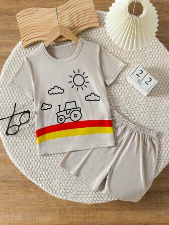 2 件套夏季短袖 T 恤和短裤套装，轻便休闲百搭，适合 4-12 岁男孩和女孩