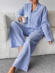 Nina Bonheur 2pcs Women Striped Button Front Long Sleeve Pajama Set + Drawstring Pants, Cute Sleepwear Homewear, Cozy Outfit, Fall Winter Clothes