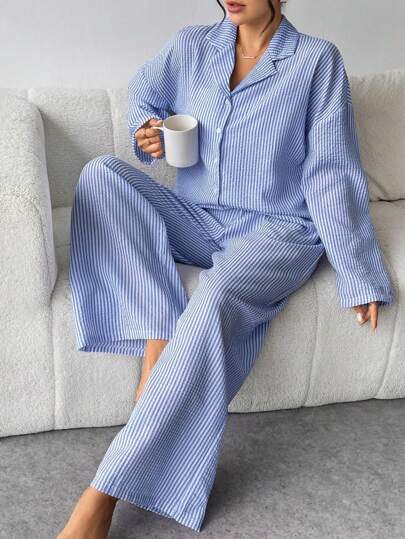 Nina Bonheur Women Gestreepte Button Front Long Sleeve Pajama Set Drawstring Pants, Schattige Sleepwear Homewear, Cozy Outfit, Fall Clothes view 5