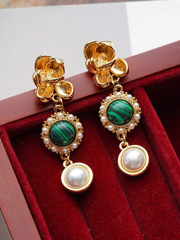 1 Paar retro elegante Blumen Design Ohrringe mit eingelassenen synthetischen Türkisen & Kunstperlen für Frauen, geeignet für den täglichen Gebrauch, Feste, formelle Anlässe, Urlaub, Schmuckzubehör als Geschenk