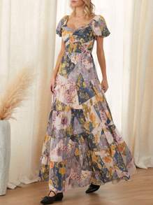 Women's Summer Casual Long Dress Flower Print Long Dress Short Puff Sleeve Sweetheart Neck Tunic Waist A-Line Dress - Màu vàng - Xem 2