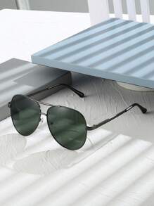 1 Pair Women's Metal Oval Frame Retro Double Bridge Fashion Aviator Glasses, Suitable For Beach Vacation Wear, Women - Dark Green - View 2