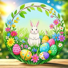 1 乡村农舍复活节快乐墙壁艺术标志，木制圆形墙壁装饰，弹簧门框装饰，2D 平面 8x8 英寸，带有花朵和复活节彩蛋兔子设计，适用于餐厅、咖啡馆、门框、酒吧、俱乐部、客厅、教室，完美的节日礼物 - 彩色 - 查看 1