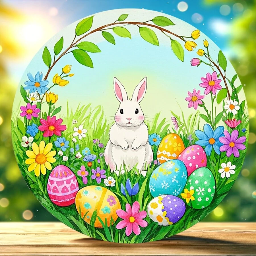 1 乡村农舍复活节快乐墙壁艺术标志，木制圆形墙壁装饰，弹簧门框装饰，2D 平面 8x8 英寸，带有花朵和复活节彩蛋兔子设计，适用于餐厅、咖啡馆、门框、酒吧、俱乐部、客厅、教室，完美的节日礼物 - 彩色 - 查看 1