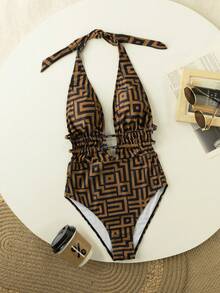 Jednoczęściowy kostium kąpielowy dla kobiet z nadrukiem geometrycznym i odkrytymi plecami