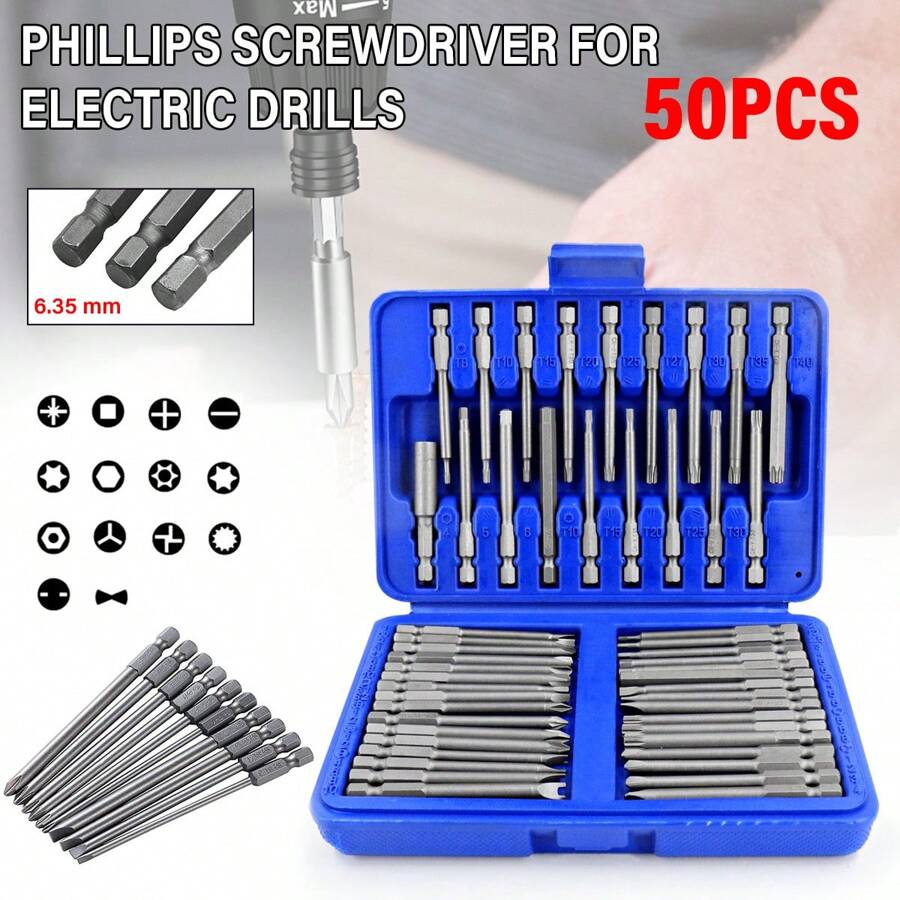 50pc Magnetic Screwdriver Bit Set Extra Long Drill Security Bit Set With Case UK - Silver - View 1