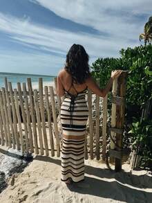 Vivid Style Sexy Hollow Out Sleeveless Fitted Striped Knit Beach Dress, Suitable For Summer Vacation, Christmas, New Year - Multicolor - View 4